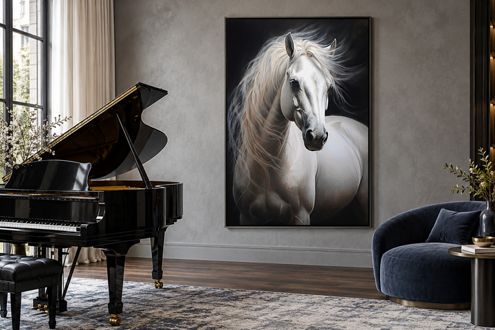 Vertical framed canvas wall art of a white horse with a flowing mane on a black background.