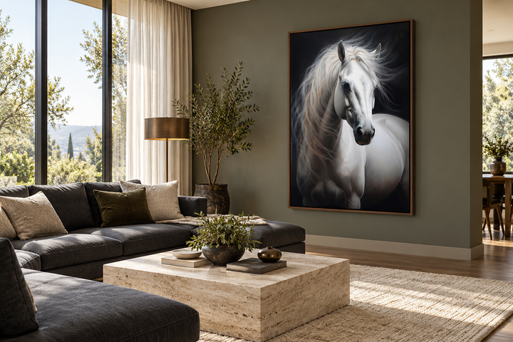 Vertical framed canvas wall art of a white horse with a flowing mane on a black background.