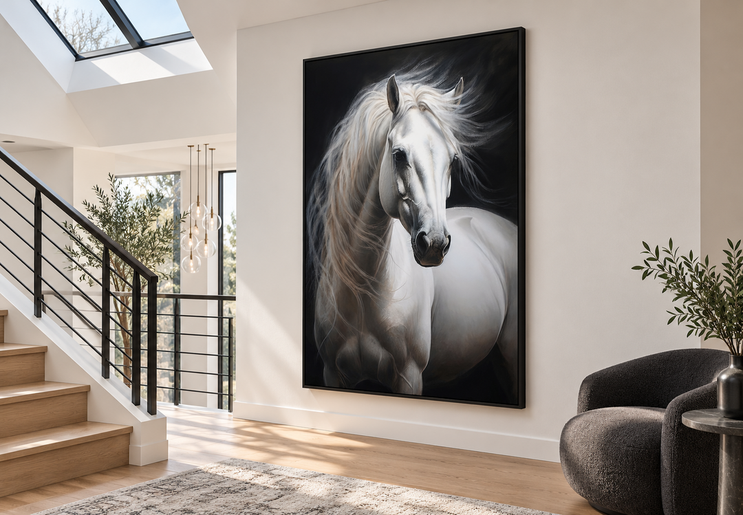 Large framed canvas wall art of a white horse with a flowing mane on a black background.