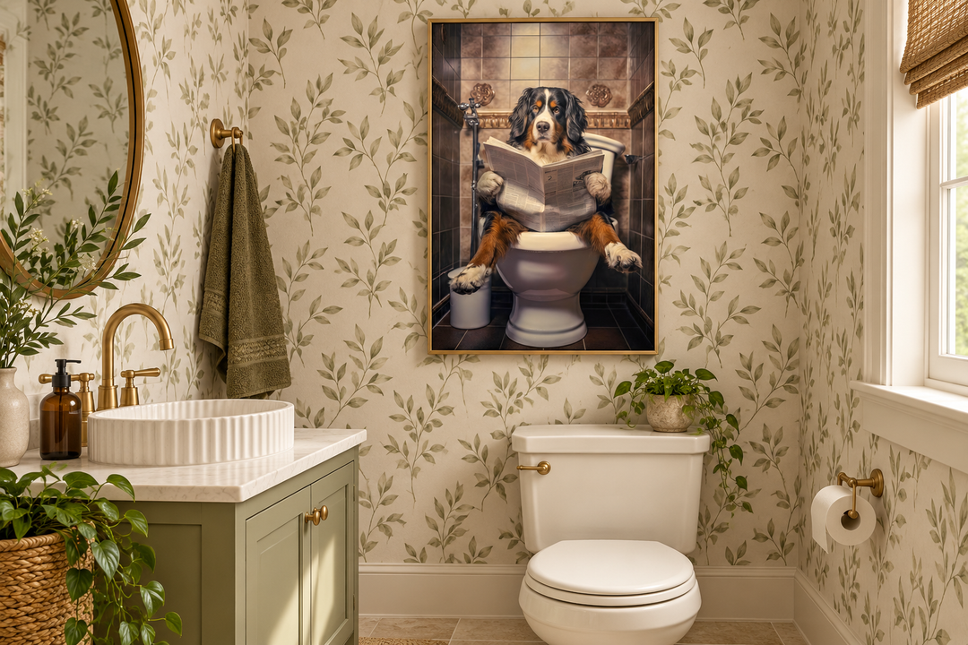 Bernese Mountain Dog on a toilet reading a newspaper canvas wall art in a botanical bathroom.