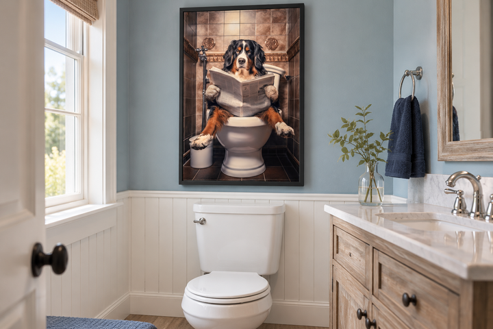 Bernese Mountain Dog reading a newspaper on a toilet, framed canvas wall art in a bathroom.