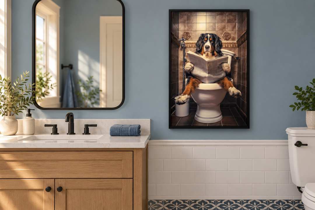 Bernese Mountain Dog reading a newspaper on a toilet canvas wall art in a blue bathroom.