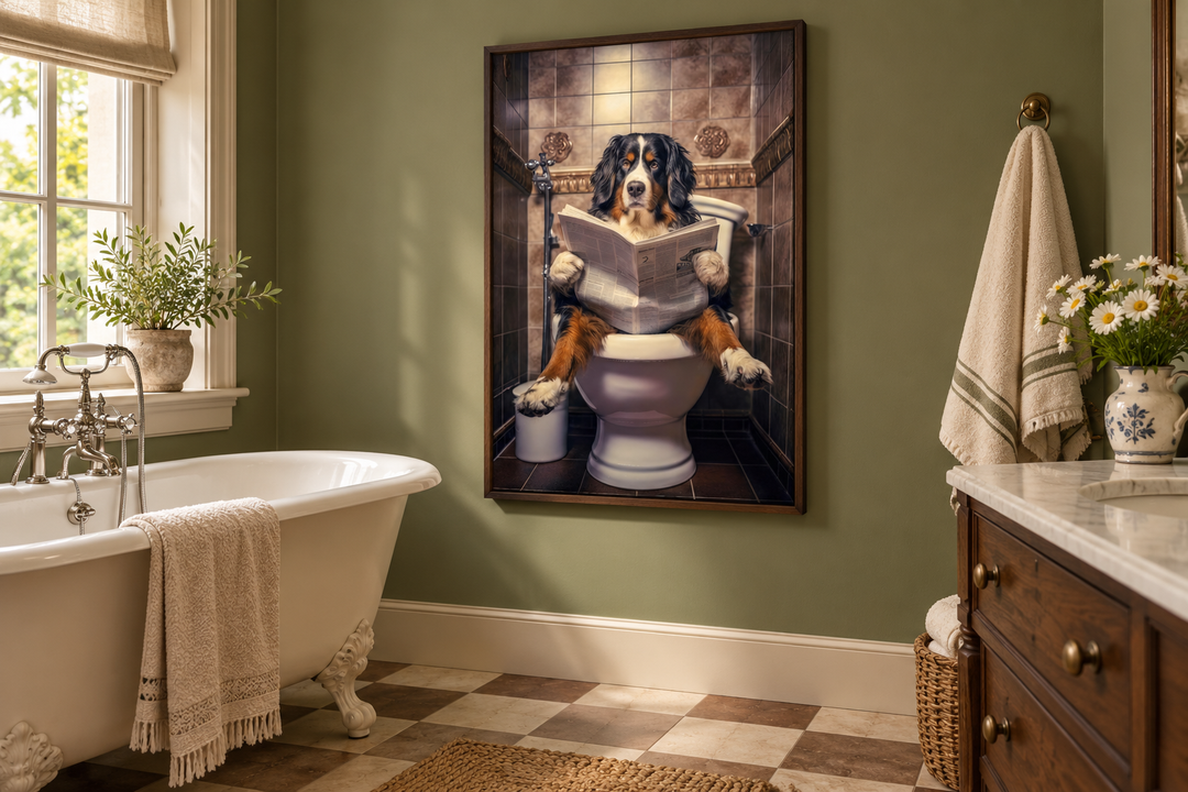 Bernese Mountain Dog on toilet reading newspaper canvas wall art in an English country bathroom.