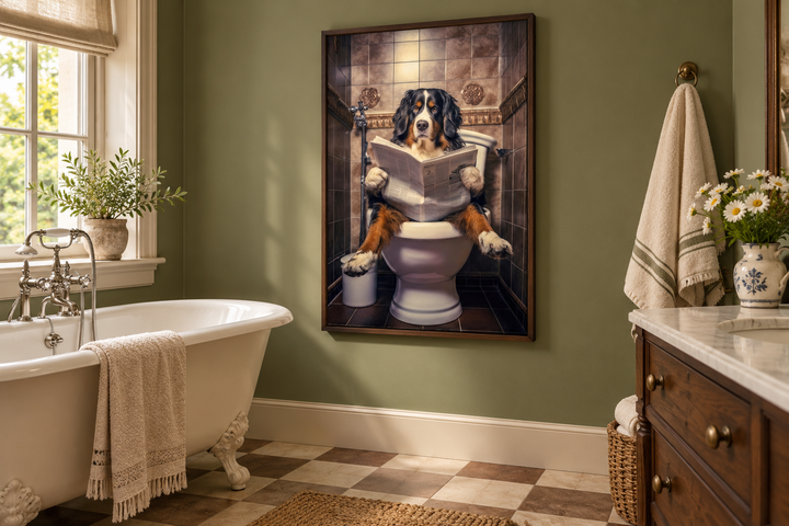 Bernese Mountain Dog on toilet reading newspaper canvas wall art in an English country bathroom.