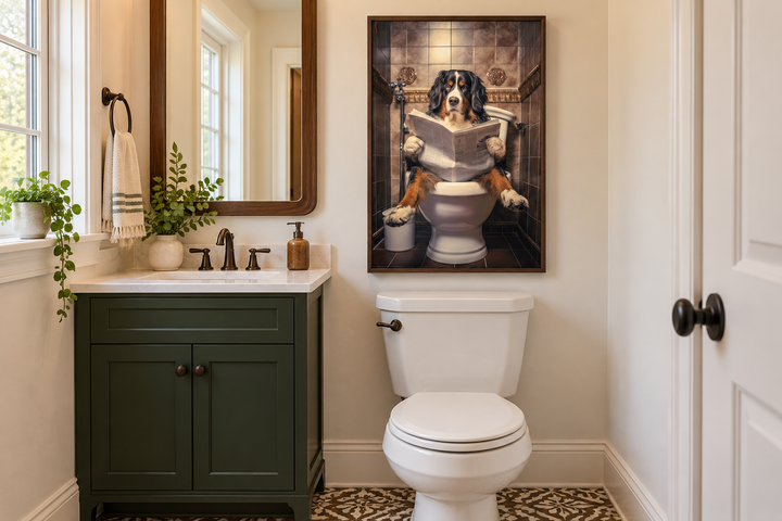 Bernese Mountain Dog reading a newspaper on a toilet canvas wall art in a modern bathroom.