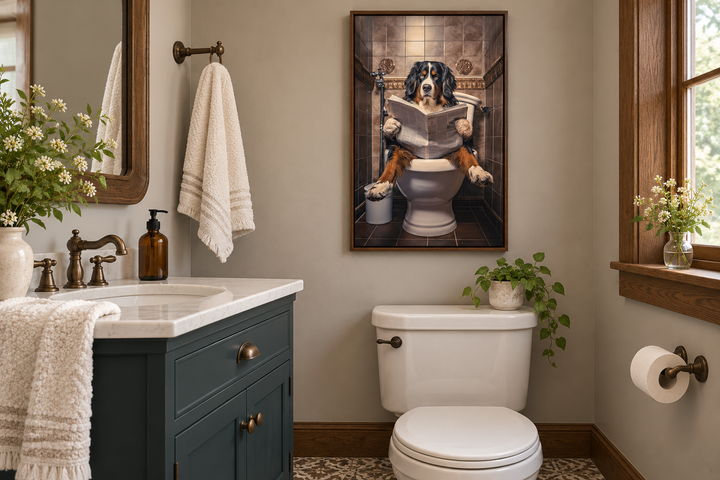 Bernese Mountain Dog reading a newspaper on a toilet, framed canvas wall art in a bathroom.