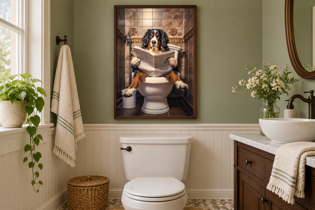 Bernese Mountain Dog reading a newspaper on a toilet canvas wall art in a sage green bathroom.