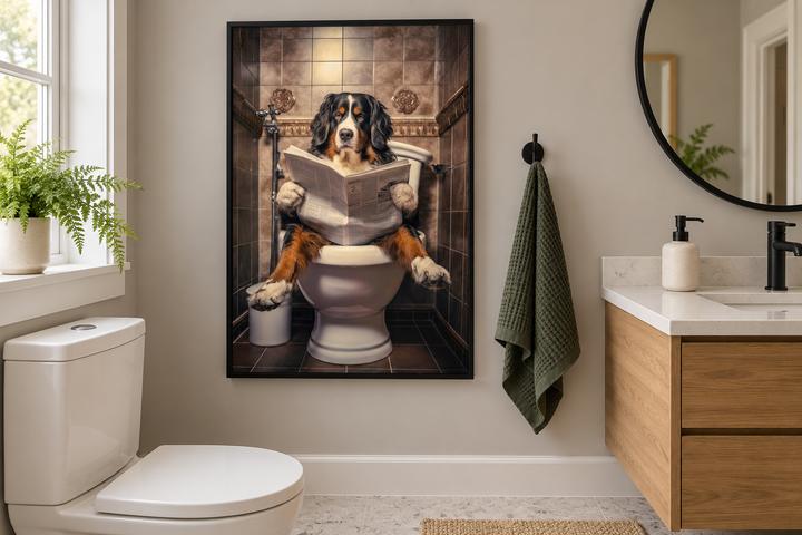 Bernese Mountain Dog on a toilet reading a newspaper canvas wall art in a modern bathroom.