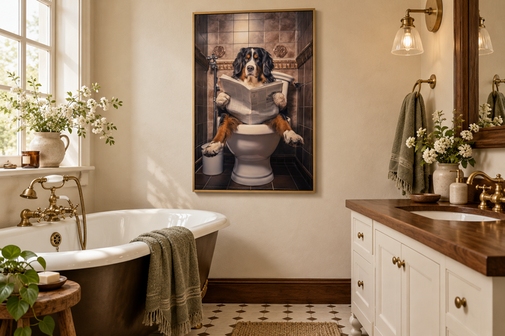 Bernese Mountain Dog reading a newspaper on a toilet canvas wall art in a gold frame in a bathroom.