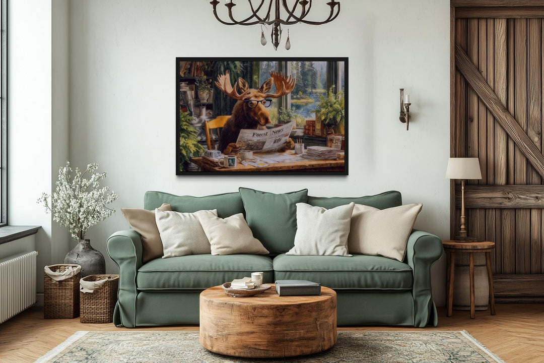 Office Moose Reading Newspaper Framed Canvas Wall Art