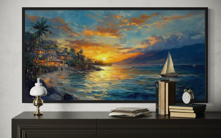 Jamaican Sunset Beach With Sailboat Framed Canvas Wall Art