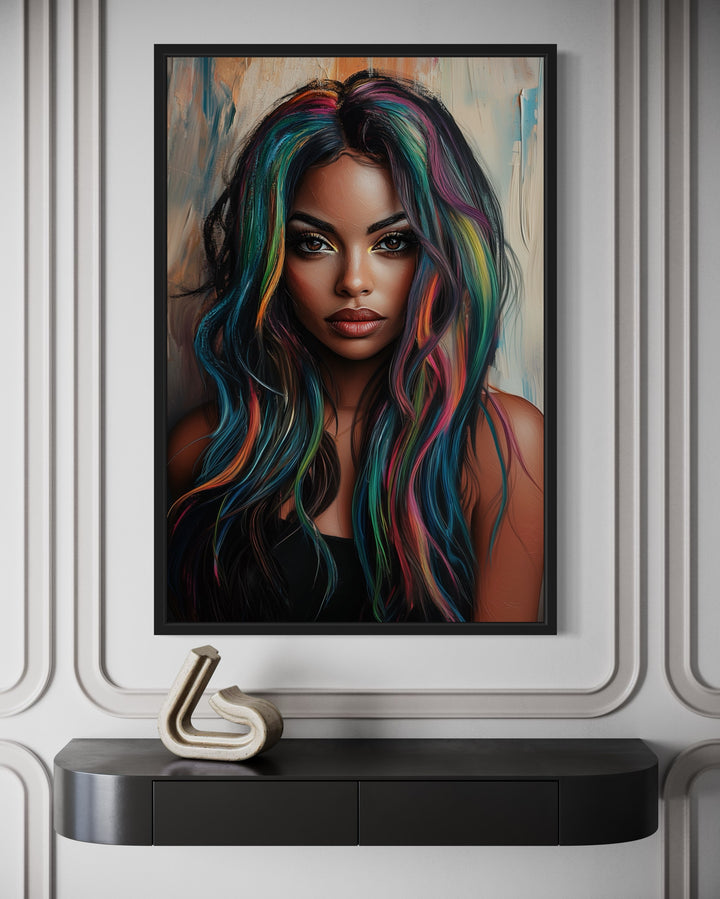 African American Woman With Rainbow Hair Black Hair Salon Canvas Wall Art close up