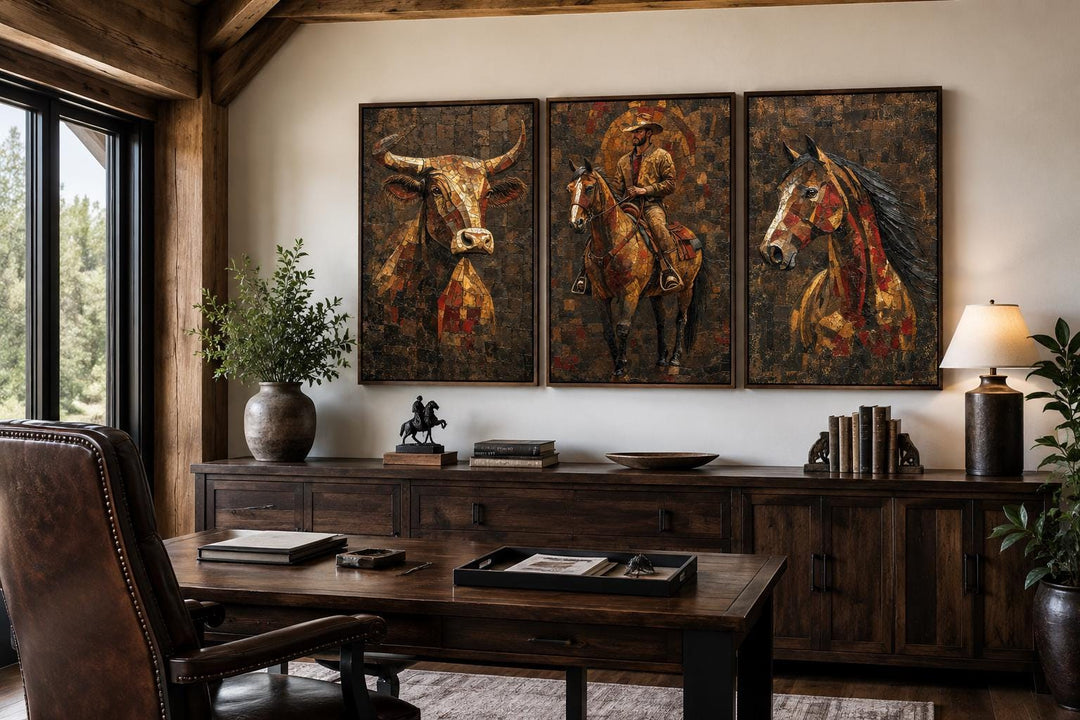 Western Wall Art Set Of 3 – Cowboy, Longhorn Bull, and Horse Canvas Prints for Rustic Ranch or Man Cave Decor