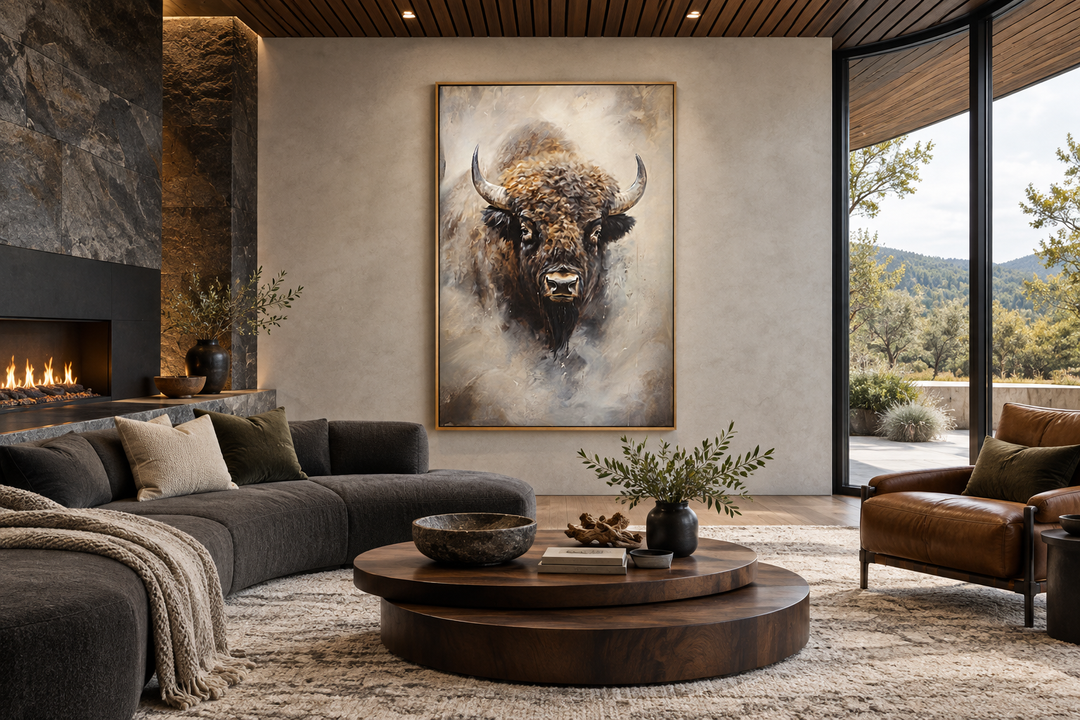 Extra large framed bison abstract painting on a canvas wall in a modern living room.