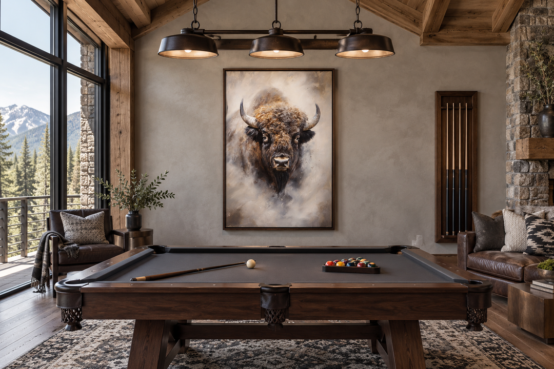Extra large framed bison abstract painting on a neutral wall in a rustic billiard room.