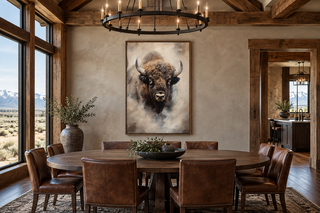 Extra large framed bison abstract painting on a neutral wall in a rustic dining room.