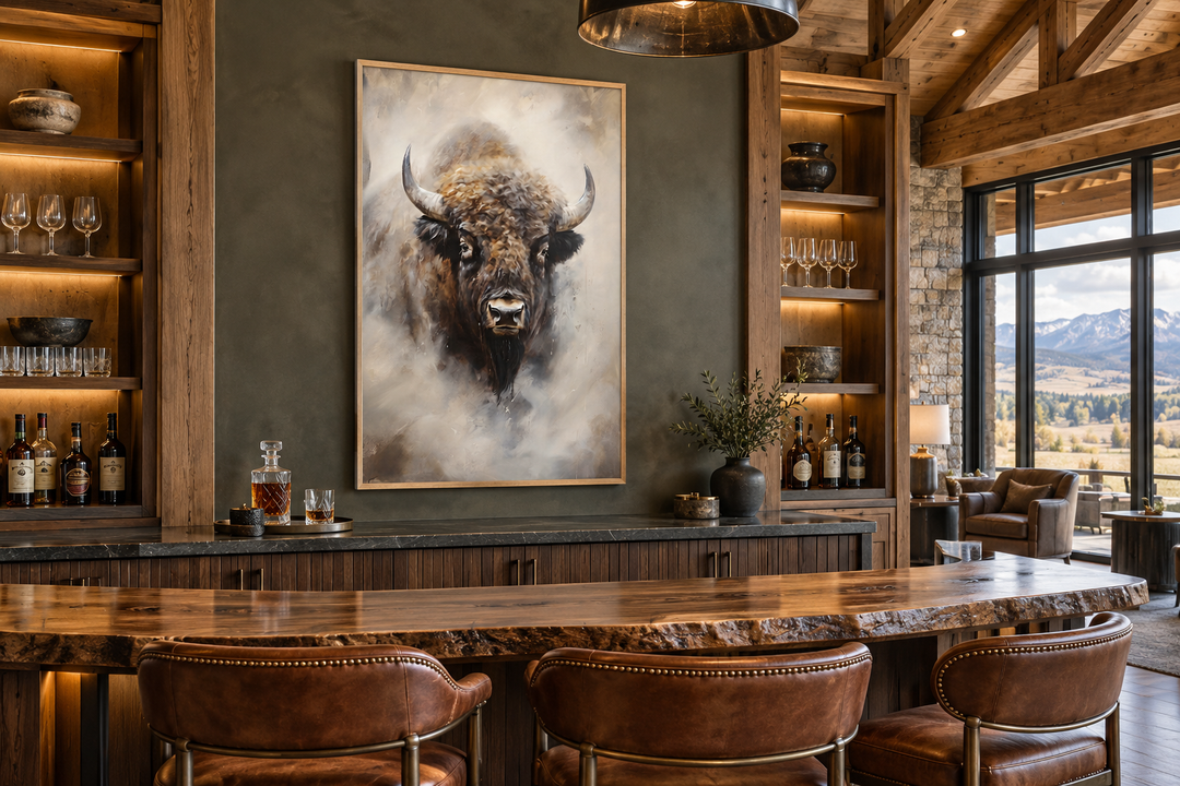 Extra large framed bison abstract painting on a dark wall above a rustic wooden home bar.