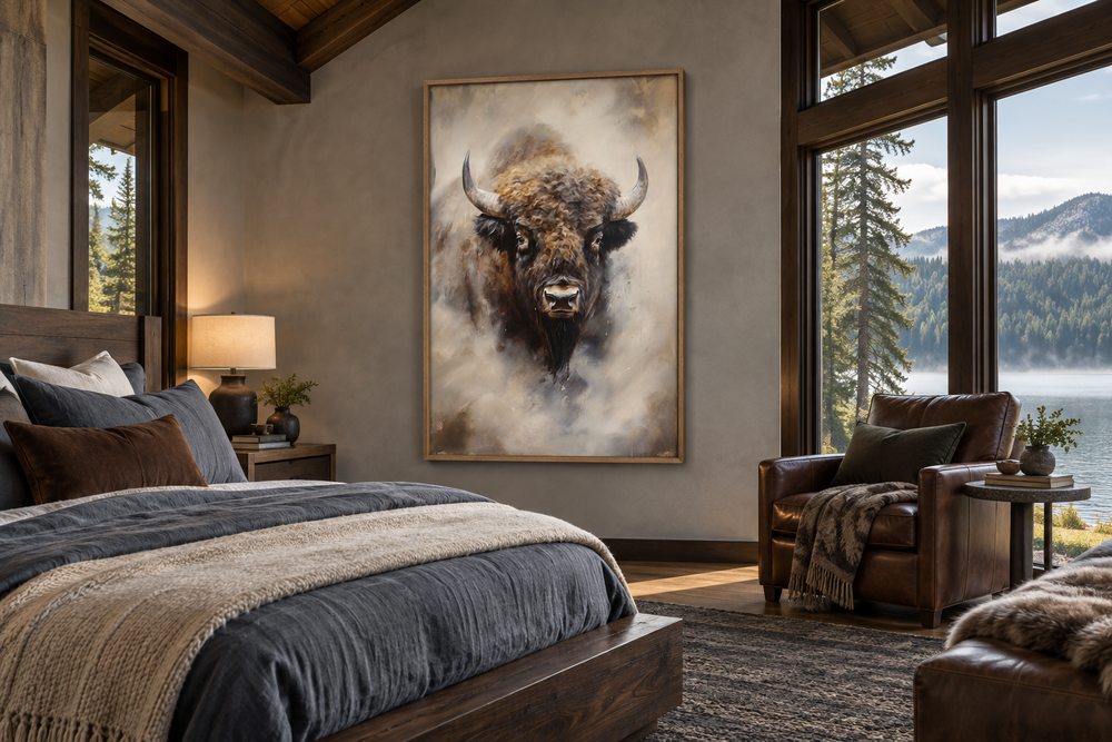 Extra large framed abstract bison painting on a canvas, displayed in a rustic bedroom.