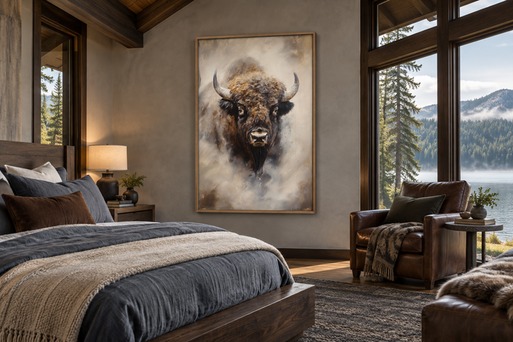 Extra large framed abstract bison painting on a canvas, displayed in a rustic bedroom.
