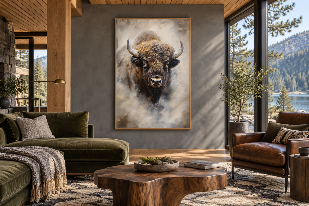 Extra large framed bison abstract painting on a gray wall in a modern rustic living room.