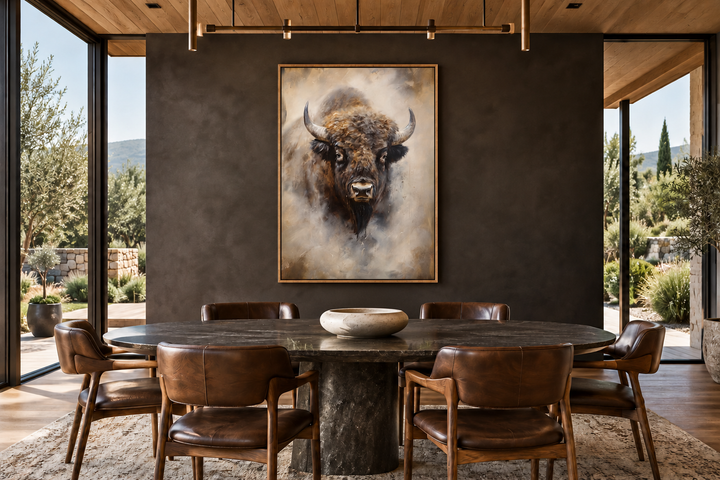 Extra large framed bison abstract painting on a dark wall in a modern dining room.