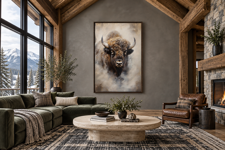 Extra large framed bison abstract painting on a gray wall in a rustic modern living room.