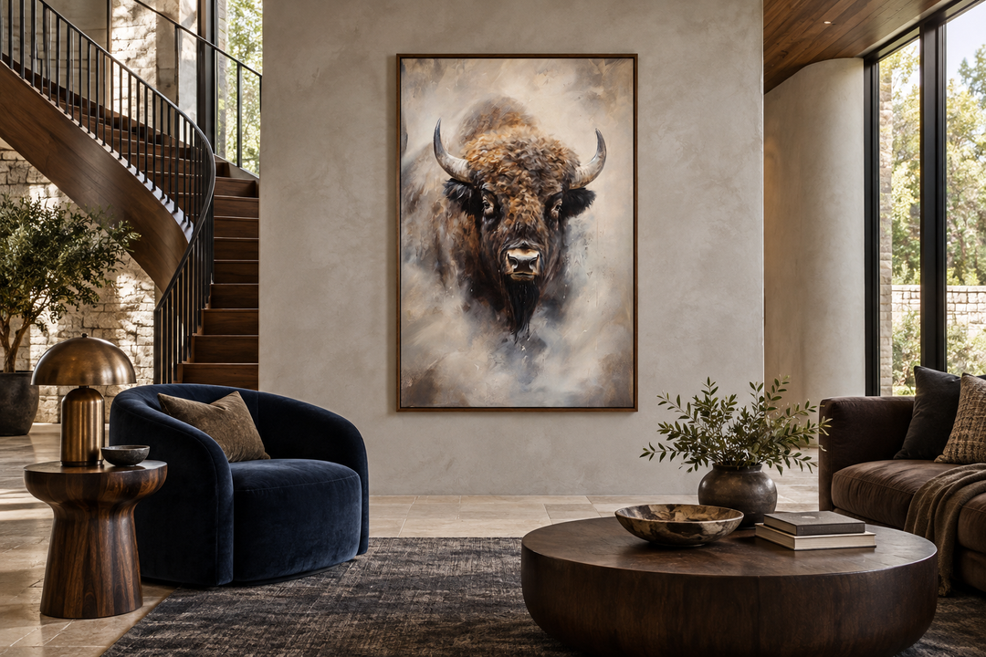 Extra large framed abstract bison canvas painting on a neutral wall in a modern living room.