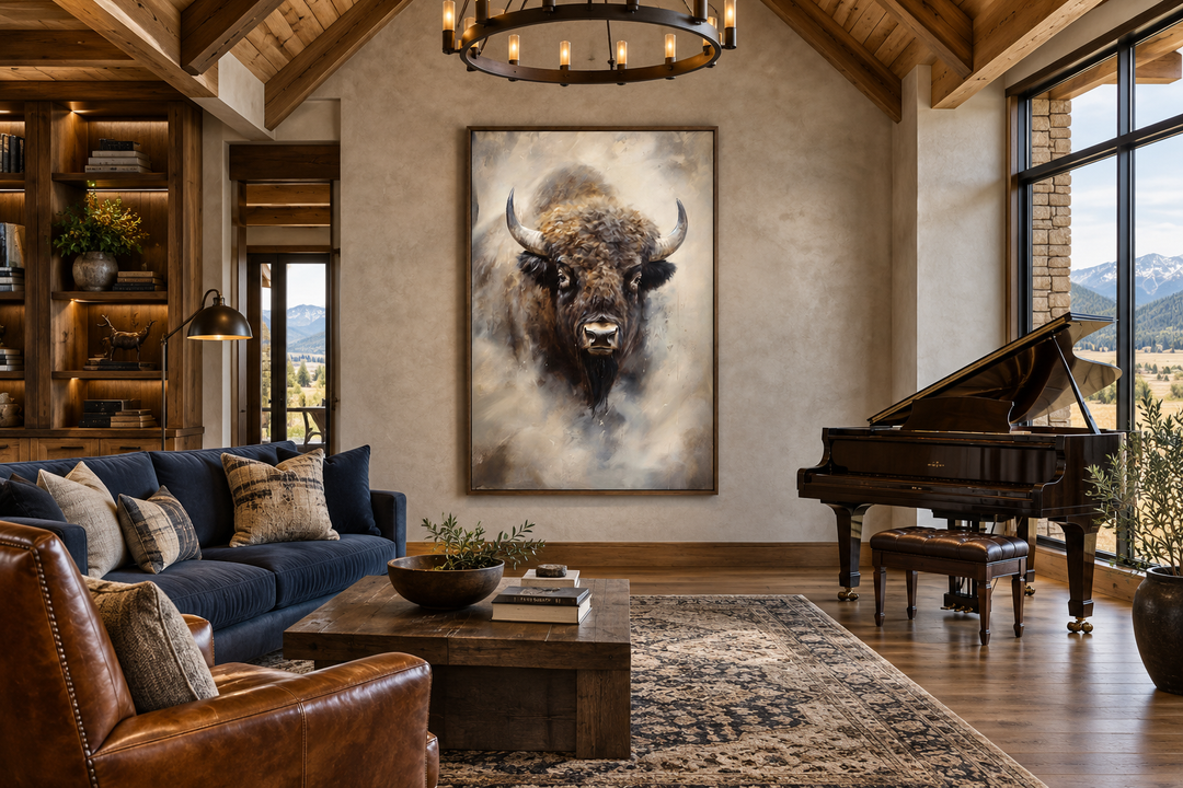 Extra large framed abstract bison canvas painting in a rustic living room with a grand piano.
