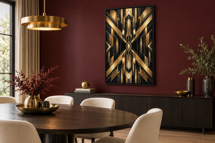 Black and gold Art Deco geometric framed canvas wall art in a modern dining room setting.