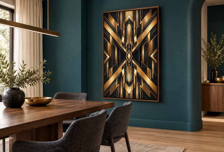Vertical framed canvas with black and gold geometric Art Deco patterns in a modern dining room.