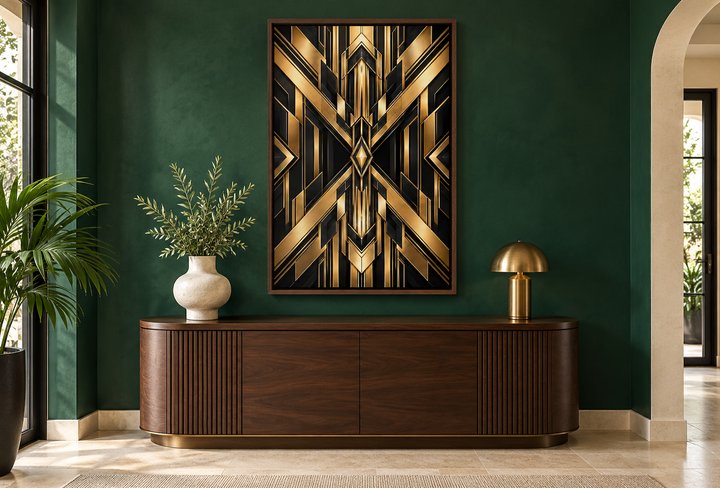 Vertical framed canvas with a geometric black and gold Art Deco design on a dark green wall.