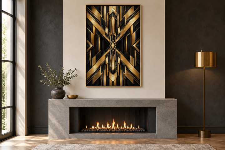 Vertical black and gold Art Deco framed canvas with geometric patterns above a modern fireplace.