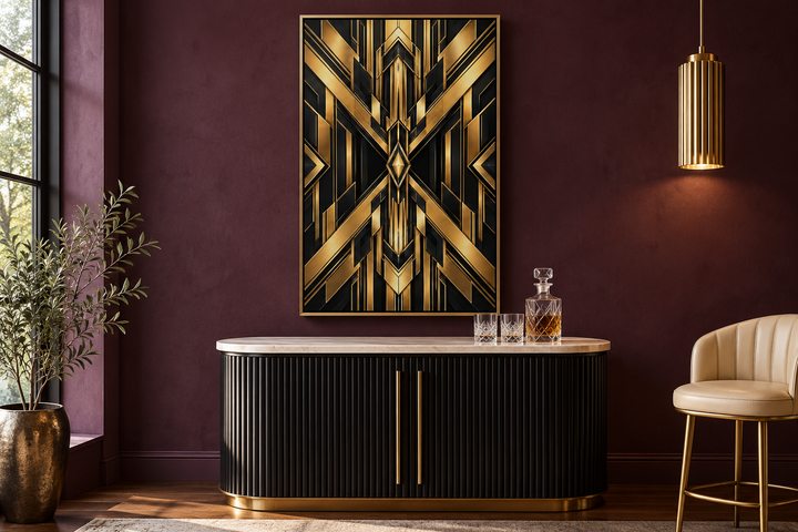 Vertical framed canvas wall art with a black and gold geometric Art Deco abstract design.