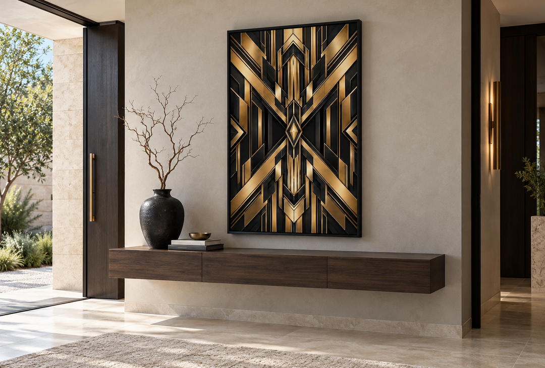 Vertical framed canvas wall art with a black and gold geometric Art Deco abstract design.
