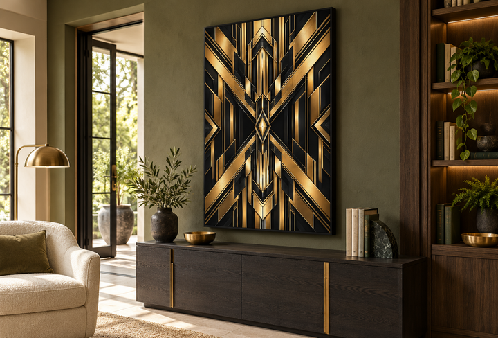 Black and gold Art Deco framed canvas wall art with geometric patterns in a modern living room.