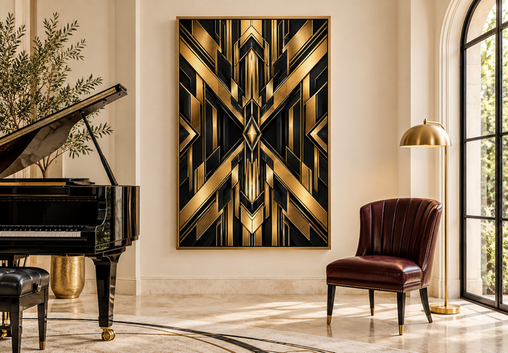 Vertical framed canvas wall art with black and gold geometric Art Deco patterns in a living room.