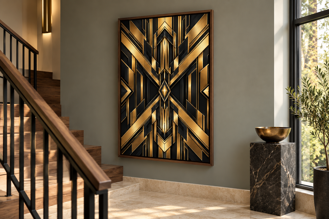Vertical framed canvas with a black and gold geometric Art Deco abstract design on a gray wall.
