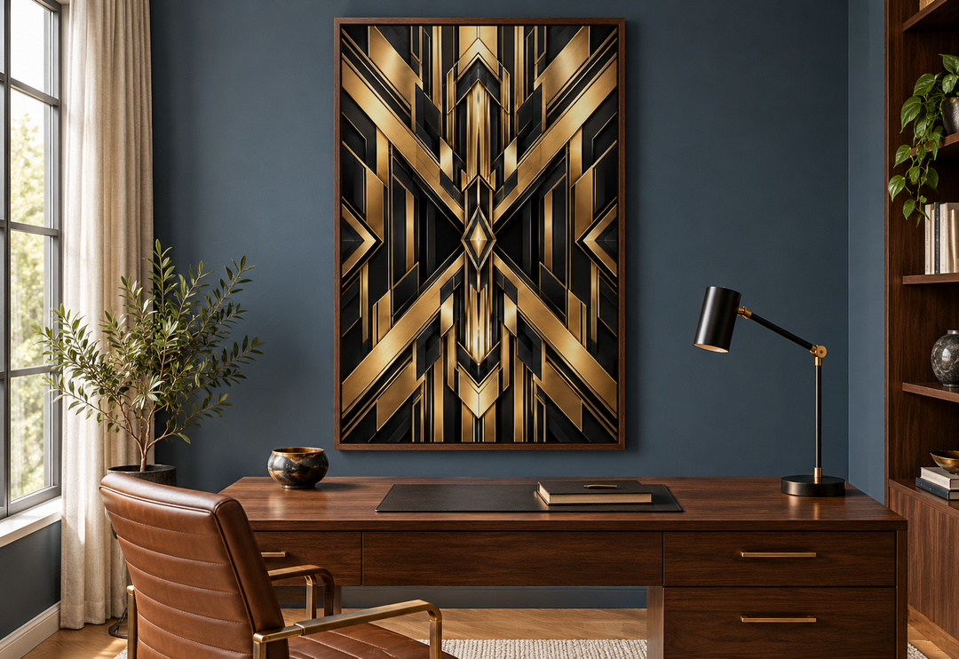 Black and gold geometric Art Deco framed canvas wall art hanging above a dark wood desk in a study.