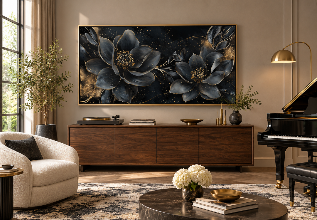 Black Gold Floral Art Nouveau Framed Canvas Wall Art above a wooden sideboard in a music room.