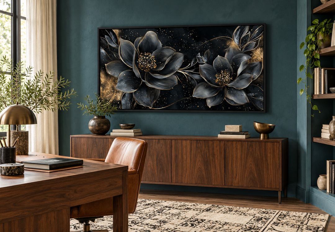 Black Gold Floral Art Nouveau Framed Canvas Wall Art displayed in a dark teal study.