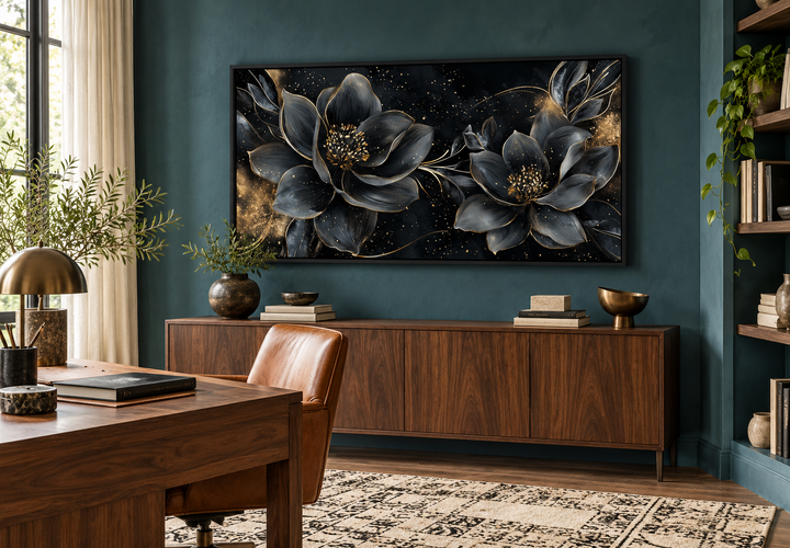 Black Gold Floral Art Nouveau Framed Canvas Wall Art displayed in a dark teal study.