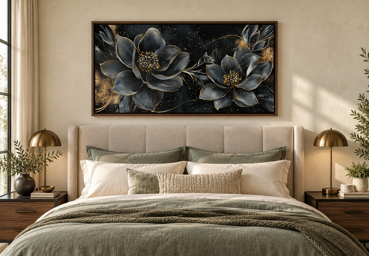 Black Gold Floral Art Nouveau Framed Canvas Wall Art hanging above a bed in a modern bedroom.