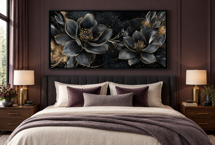 Black Gold Floral Art Nouveau Framed Canvas Wall Art hanging above a bed in a modern bedroom.