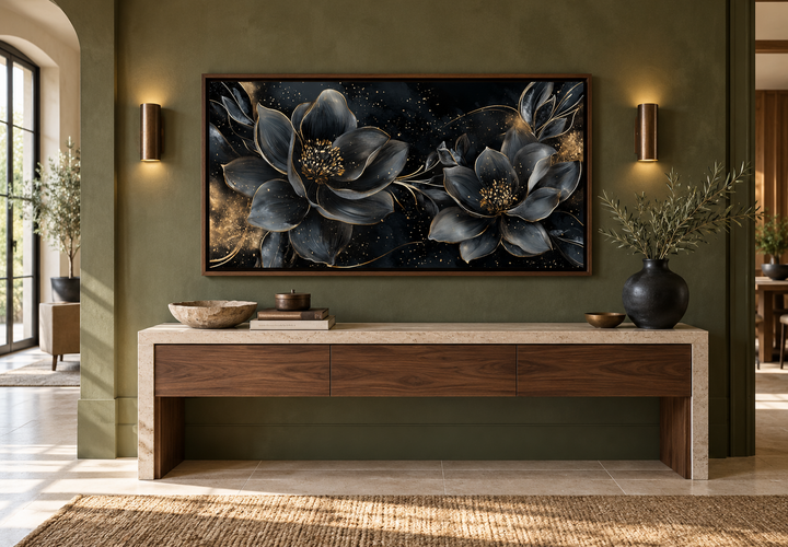 Black Gold Floral Art Nouveau Framed Canvas Wall Art above a walnut console in an olive green room.