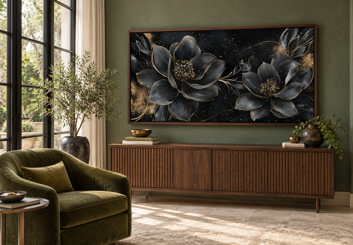 Black Gold Floral Art Nouveau Framed Canvas Wall Art above a walnut sideboard in a green room.