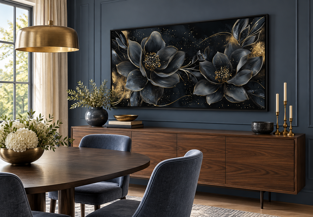 Black Gold Floral Art Nouveau Framed Canvas Wall Art above a wooden sideboard in a dining room.