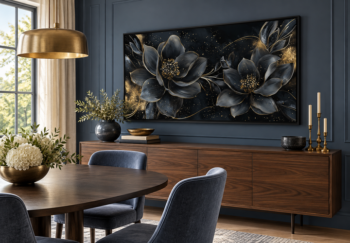 Black Gold Floral Art Nouveau Framed Canvas Wall Art above a wooden sideboard in a dining room.