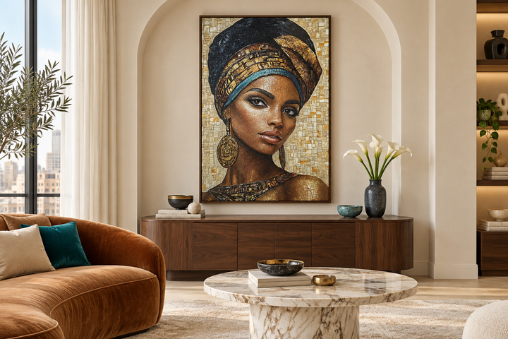 African woman mosaic style beauty portrait framed canvas wall art in a modern living room.