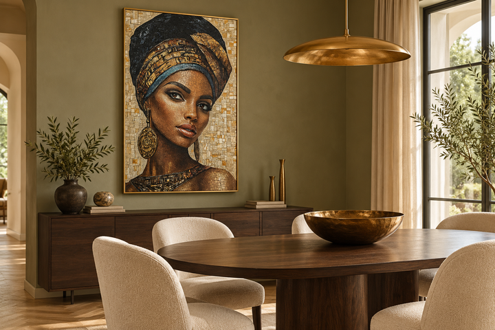 African woman mosaic style beauty portrait in a gold frame on a warm olive dining room wall.
