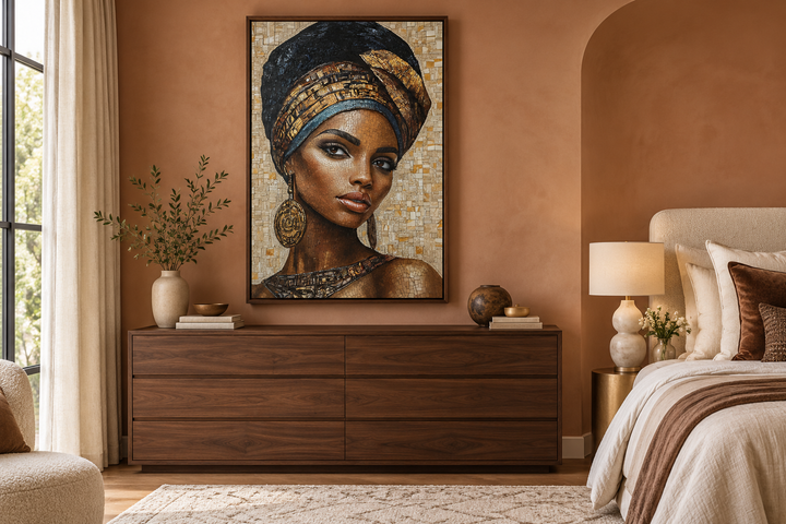 African woman mosaic portrait in a walnut frame above a wooden dresser in a terracotta bedroom.